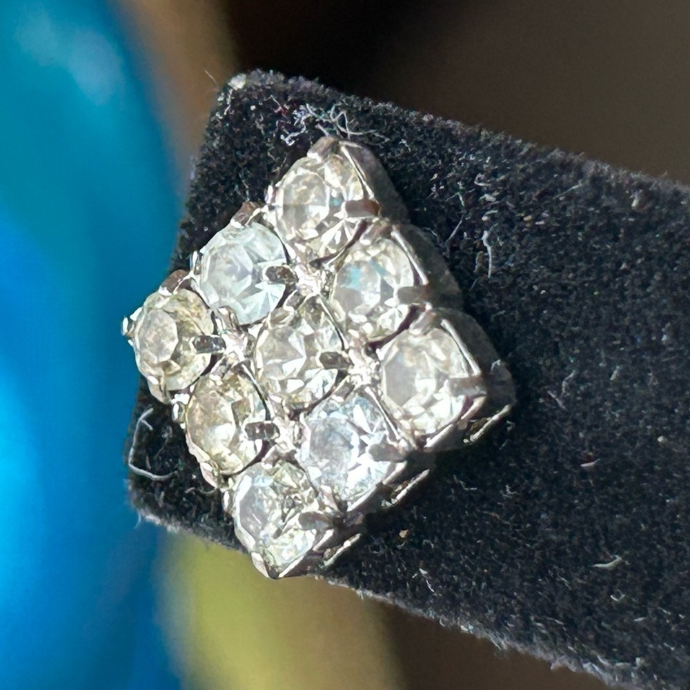 Vintage Square Rhinestone Silver Toned Pierced Earrings - Picture 5 of 7